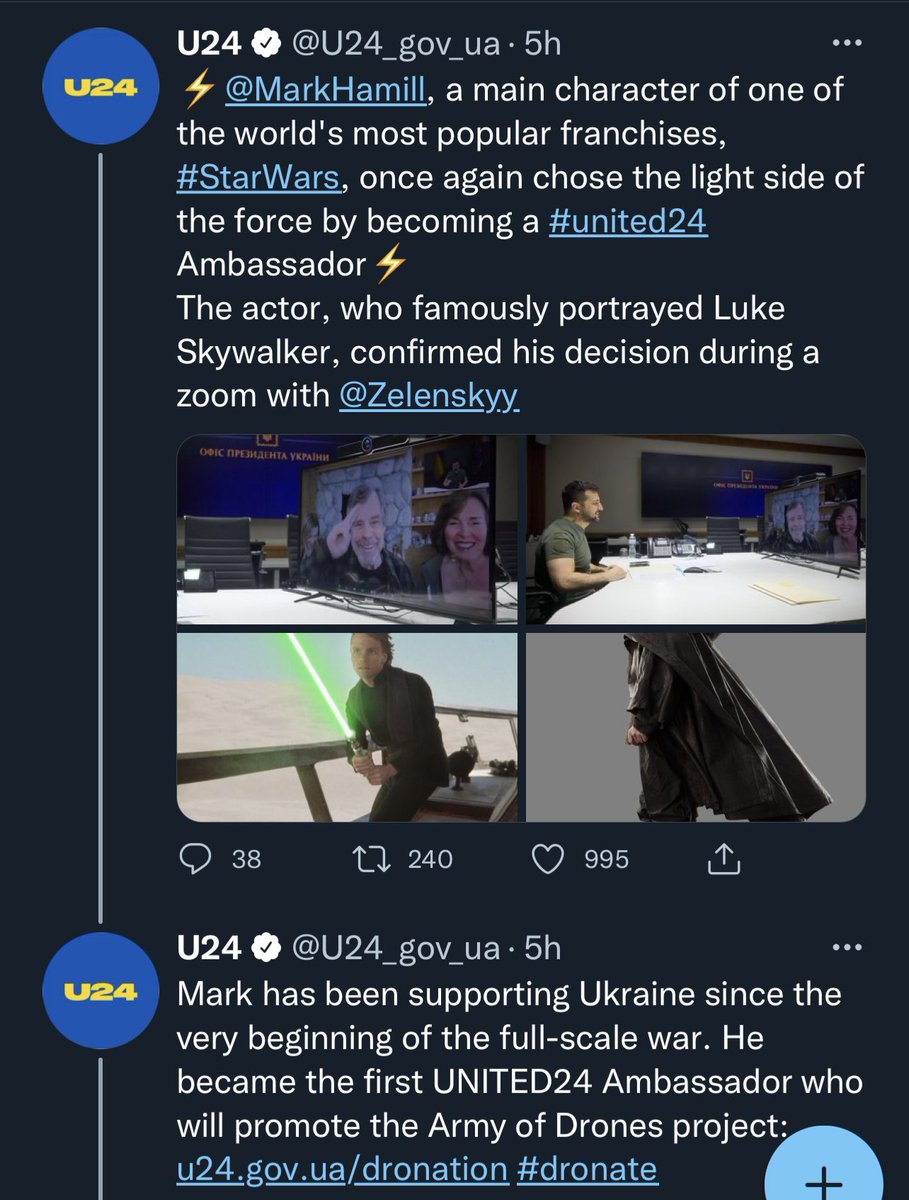 @MarkHamill @ZelenskyyUa @U24_gov_ua Thank You 🙏 Mark! What an incredible  gesture to #Zoom with #PresidentZelenskyy!!!🇺🇦💙💛🔛in order to become 1st #United24 Ambassador to promote the #ArmyOfDrones!!! I’m so PROUD of You!!! My #Ukrainian and #Polish 🤍 (my Grandpa was from #Ukraine), is yours FOREVER! #MTFBWY!👊