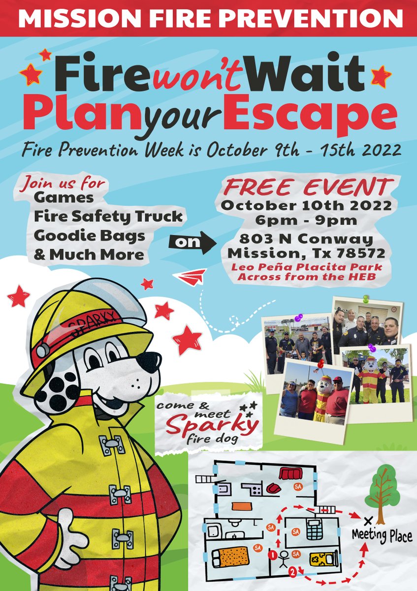 CityOfMissionTX's tweet photo. Itโs Fire Prevention Season! ๐ฅ๐งฏ๐ซ The Mission Fire Prevention Team will officially kick off the season on October 10th with a festival at Leo Peรฑa Placita Park. Bring the whole family! #AlwaysOnHand ๐งโ๐๐จโ๐๐ฉโ๐ https://t.co/vKrxeafBKH