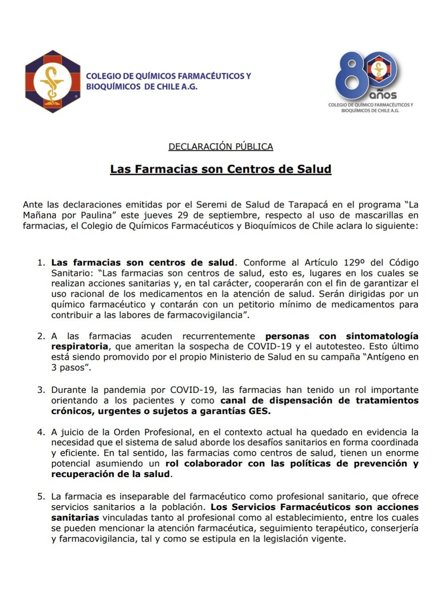 ColegioQFyBQ's tweet photo. Ignorar la calificación de la Farmacia como Centro de Salud, constituye una clara infracción al Código Sanitario y una pérdida de recurso sanitario, con daño a la salud de la población.

#FarmaciaCentroDeSalud 
@SeremiSalud_I https://t.co/0730SOS6Su