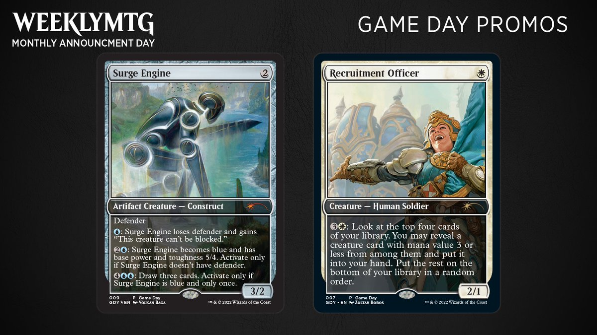 Here's a look at some of the promo cards you'll see throughout the  Brothers' War! Surge Engine and Recruitment Officer, your Game Day Promos;  Mishra's Foundry as a Buy-a-Box promo; and Queen