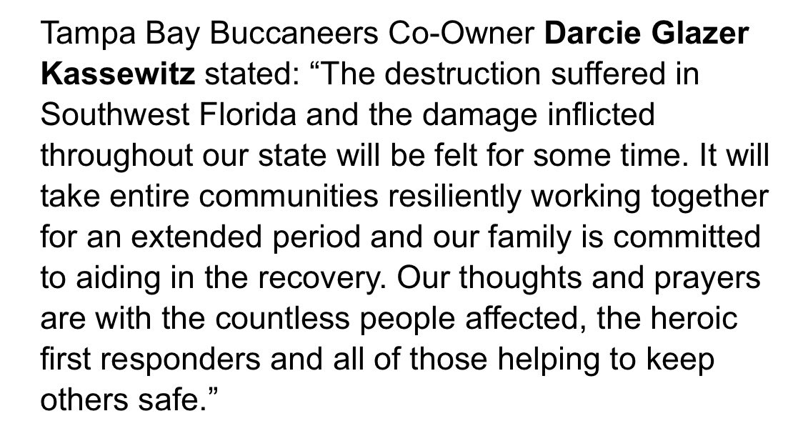 TomPelissero's tweet photo. The Glazer family, owners of the #Bucs, announced today that they will donate $1 million to assist in relief efforts following Hurricane Ian. https://t.co/76eCee0872
