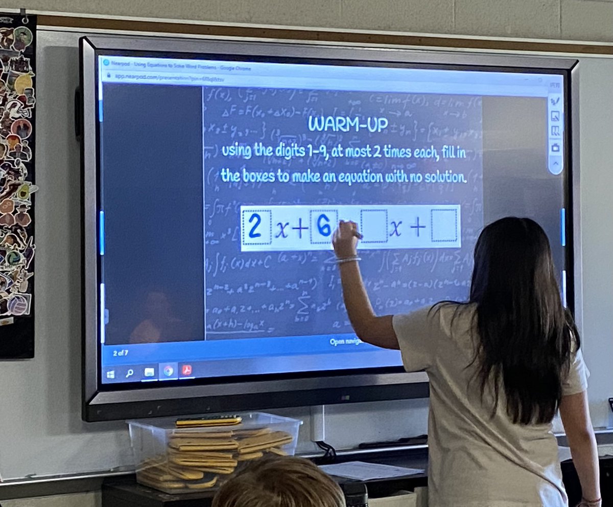 weaver_math's tweet image. Love to use this @openmiddle problem to emphasize the concept of special case equations in pre-algebra. So fun to see and hear their thinking and how many different answers they find. As always, my favorite part is the discussion that arises!
#iteachmath #mtbos