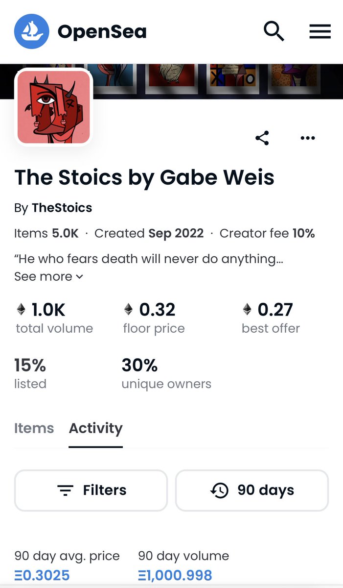 OMG!!! We just hit 1k trade volume! Thank you to everyone making <a href="/TheStoicsNFT/">The Stoics by Gabe Weis</a> so freaking special! Can’t wait to keep building with all of you!!!
