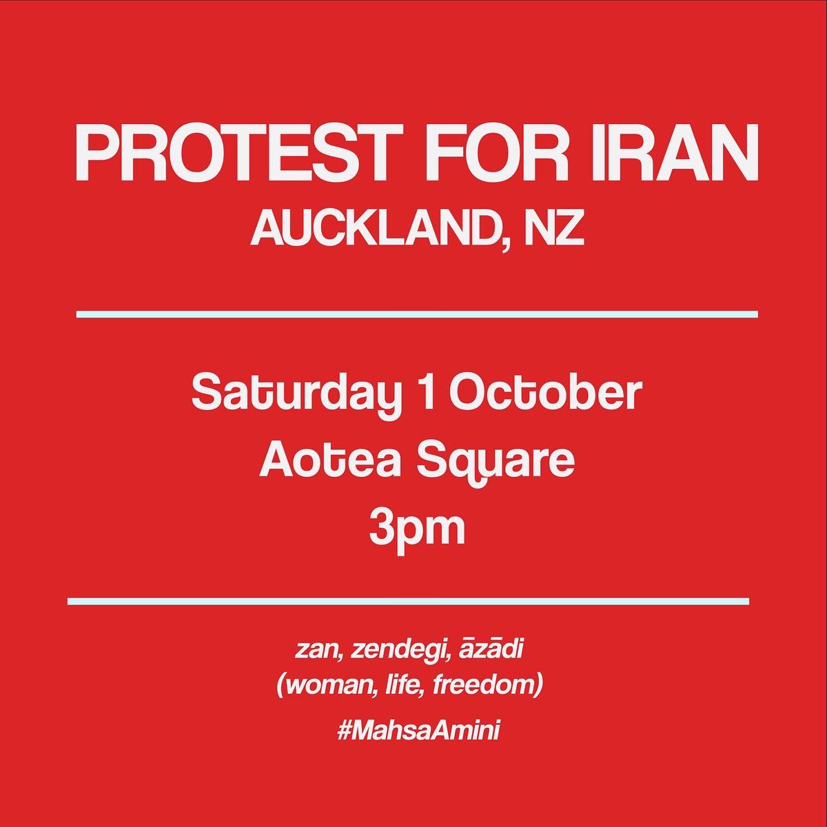 cleomatra's tweet photo. AUCKLANDERS, PLEASE COME AND SUPPORT THE PEOPLE OF IRAN.

Sat 1 October • Aotea Square • 3pm

#MahsaAmini #Auckland #FreeIran #IranNZ #NZ #AoteaSquare #ZhinaAmini https://t.co/WUKTHoDvGB
