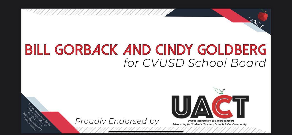 This is making an appearance around town…and is a complete lie. The REAL CVUSD teachers <a href="/UACTteachers/">Conejo Teachers</a> who represent the 750 Teachers, Nurses and Speech Pathologists in the CVUSD voted UNANIMOUSLY to endorse <a href="/Cindy4CVUSD/">Cindy Goldberg</a> and <a href="/Bill4CVUSD/">Bill4CVUSD</a>. #TOBadSign <a href="/KyleBJorrey/">Kyle Jorrey</a>