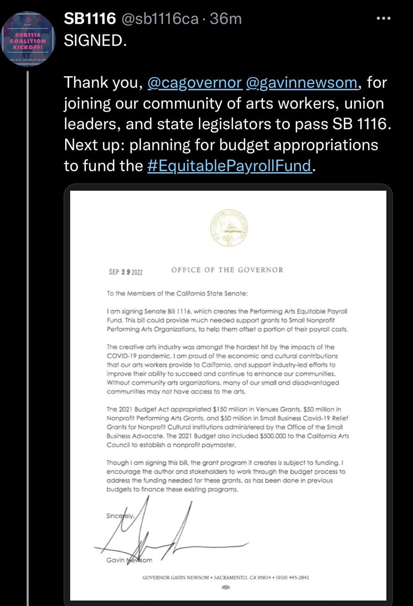 SoloOpera's tweet photo. Thank you, @cagovernor @gavinnewsom for signing SB1116! We will work now to get this funded in order to help save the CA small nonprofit arts organizations! https://t.co/AbDVEaQ4KO
