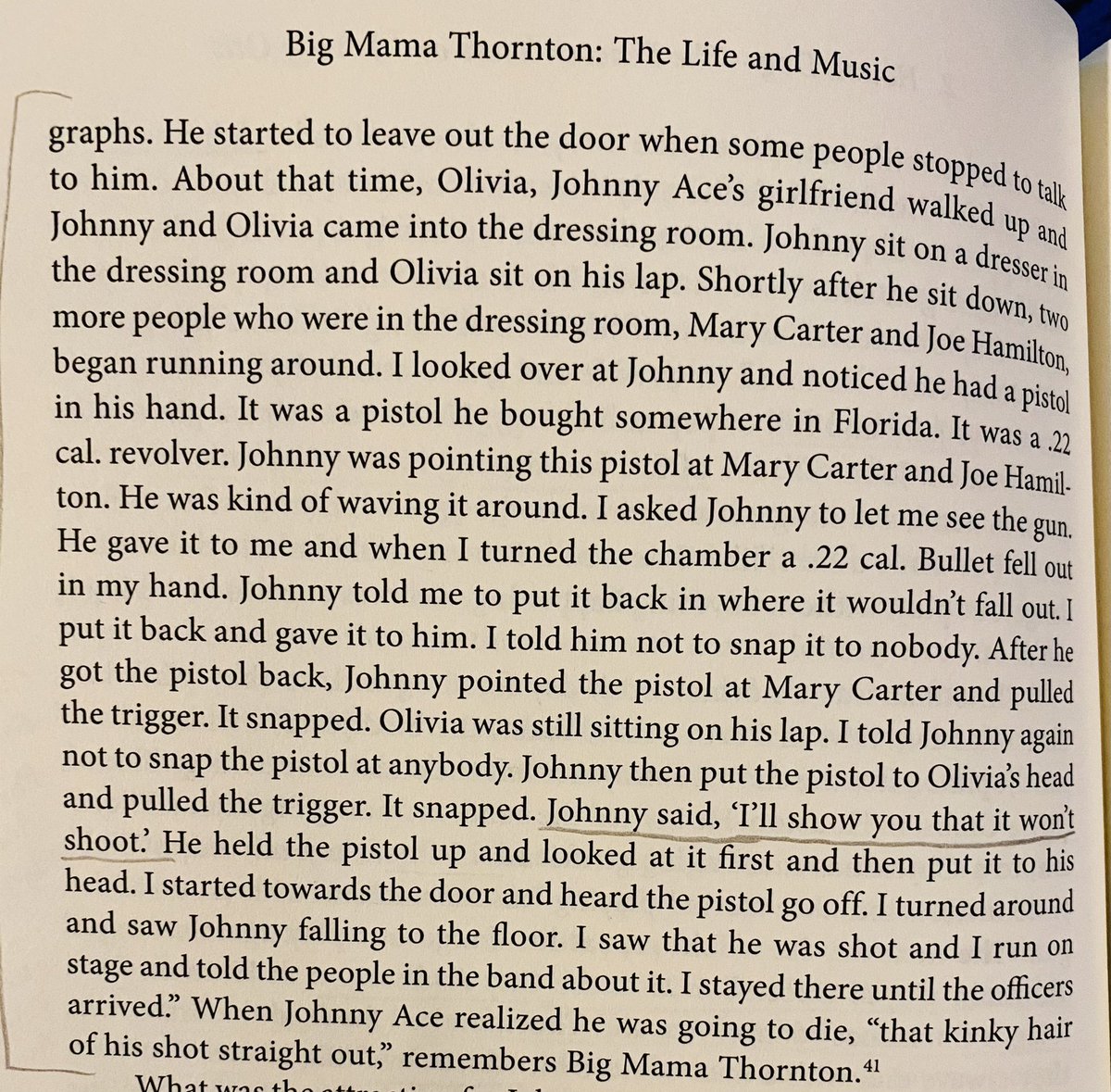2/ The first Billboard magazine ad for “Pledging My Love” ran on Christmas, 1954. That night, Johnny Ace accidentally shot himself in the head. He was only 25 years old. Big Mama Thornton was there and provided a statement to police, quoted below. A devastating loss.💔 #JohnnyAce