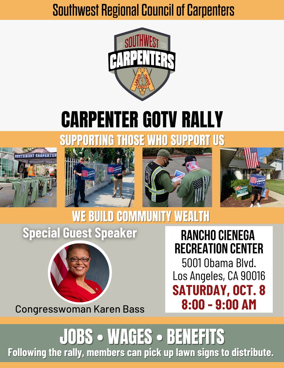 WSCarpenters's tweet photo. SAVE THE DATE! Join us on October 8th for a Get Out The Vote Rally to support #LosAngeles mayoral candidate @KarenBassLA. Families welcome. Register for this event and support those who support us!

#JobsWagesBenefits #Union #RegisterToVote #GOTV #Election2022 #CarpenterEconomics https://t.co/kOF0bipAoI