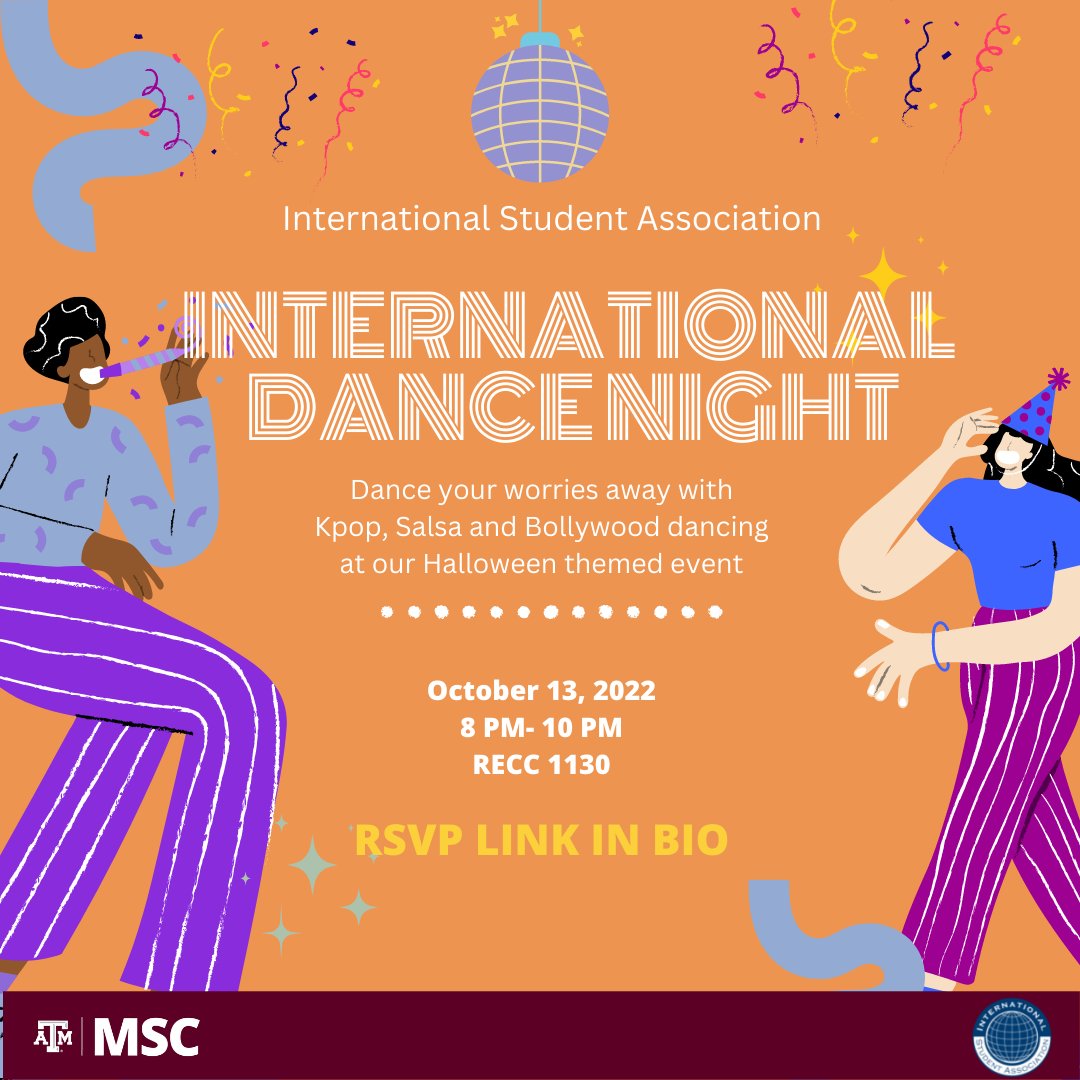 TAMU_ISA's tweet photo. International Dance Night is here. Bring the dancer out of you. Mark your calendar. Just do three things, Rise to the occasion, Remember the steps, and Rejoice yourself! RSVP link in bio.

#RRR #Bollywood #Salsafusion #tamu #tamuisa #tamu24 #tamu25 #tamu26 #aggies #gigem #howdy https://t.co/IYuvzN0rN5
