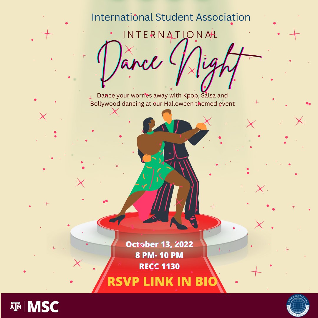 TAMU_ISA's tweet photo. International Dance Night is here. Bring the dancer out of you. Mark your calendar. Just do three things, Rise to the occasion, Remember the steps, and Rejoice yourself! RSVP link in bio.

#RRR #Bollywood #Salsafusion #tamu #tamuisa #tamu24 #tamu25 #tamu26 #aggies #gigem #howdy https://t.co/ZN53suXJQ1