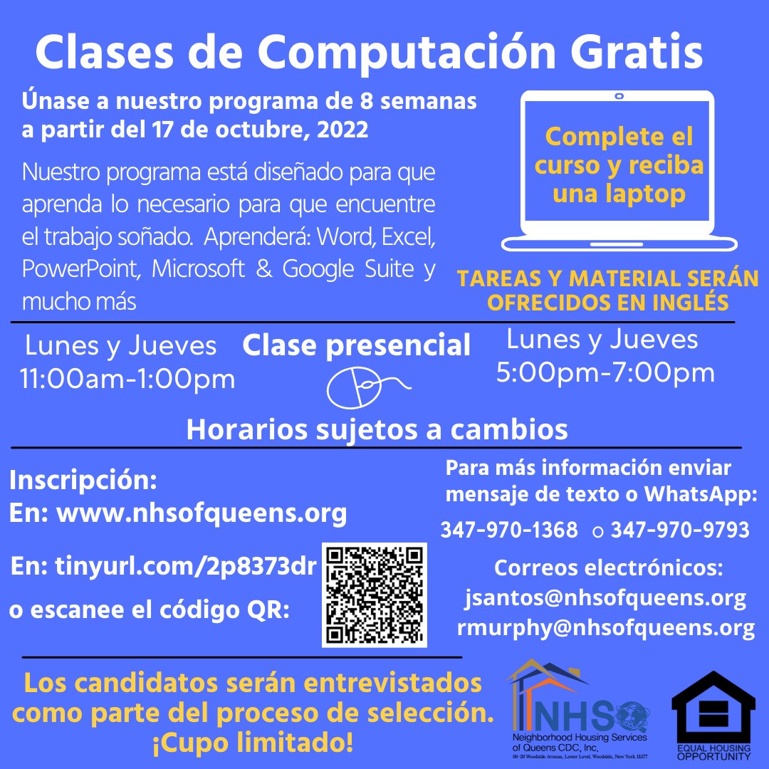 NHSQ sigue adelante con su labor de alfabetización digital. Para inscripciones n: tinyurl.com/2p8373dr o en: nhsofqueens.org 
#freecomputerclasses #NYC #queensny #adultclass #jobs2022 #nycschools #adultlearning #computerclasses