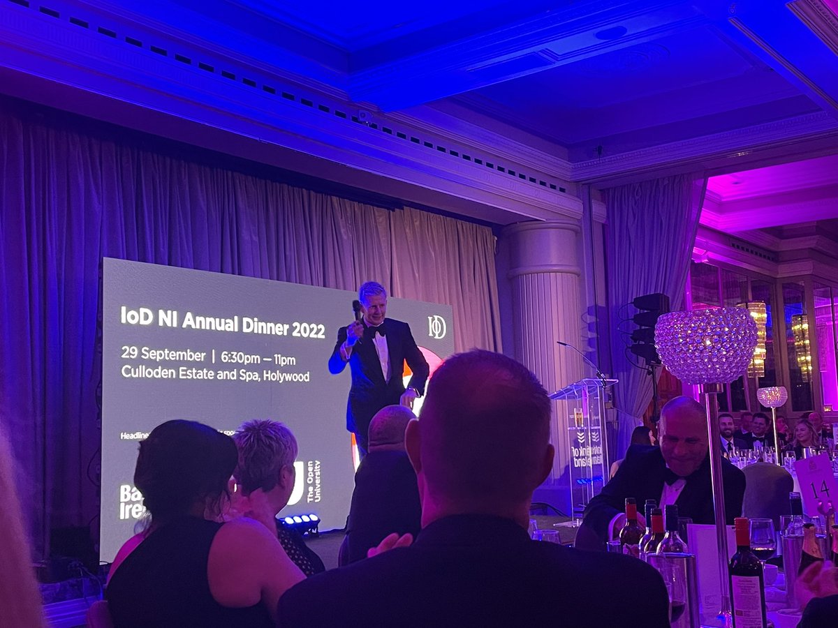 marymeehanNI's tweet photo. Fantastic night @IoDNI annual dinner topped off with fabulous entertainment by Patrick Kielty. Thanks to @OpenUniversity for the invite and wonderful company #IoDAD22 https://t.co/20X53fZZRE