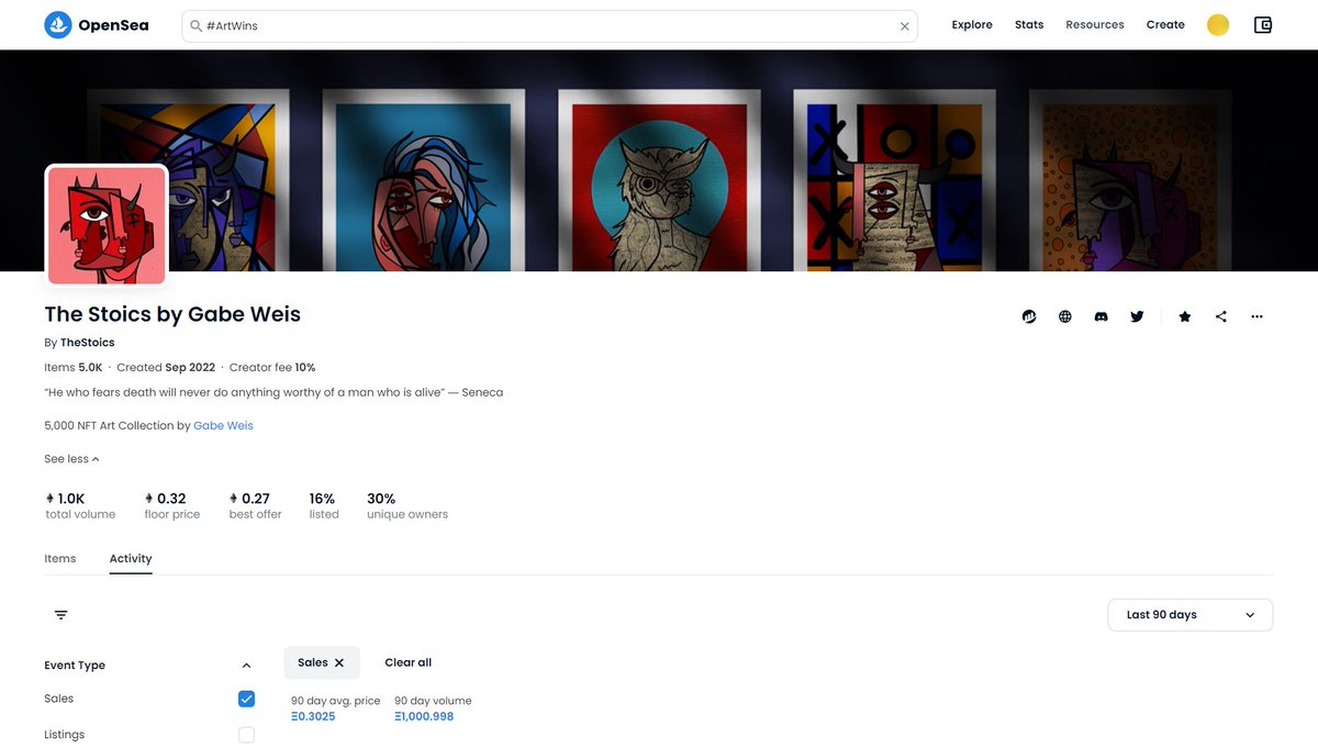 The Stoics have reached 1K Eth volume on <a href="/opensea/">OpenSea</a> 🗿🔥

A fantastic achievement for an Art Collection in this market and, above all, a tribute to our phenomenal Stoic Community 🙏🙏🙏 #ArtWins

𝗢𝗽𝗲𝗻𝗦𝗲𝗮: opensea.io/collection/the… 🚀

#TheStoics #OpenSeaNFT #NFTCommunity