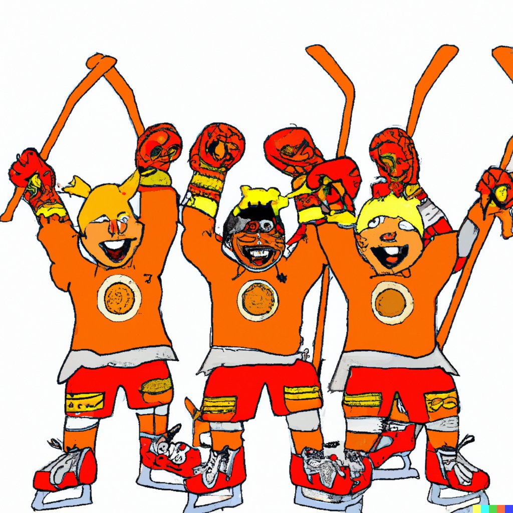 kendanila's tweet photo. I made my first #dalle, "a celebrating hockey team in orange jerseys in the style of Calvin and Hobbes." I'm pretty impressed. https://t.co/pNRTgEp7eW