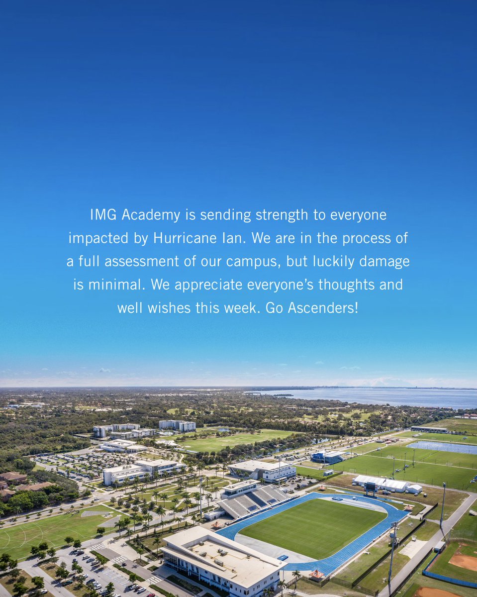 We are happy to report all IMG Academy students and staff who sheltered-in-place here on campus are safe following the impact of Hurricane Ian.

Our thoughts are with those affected by the storm and we send them our strength as Florida begins its recovery. 💙🤍