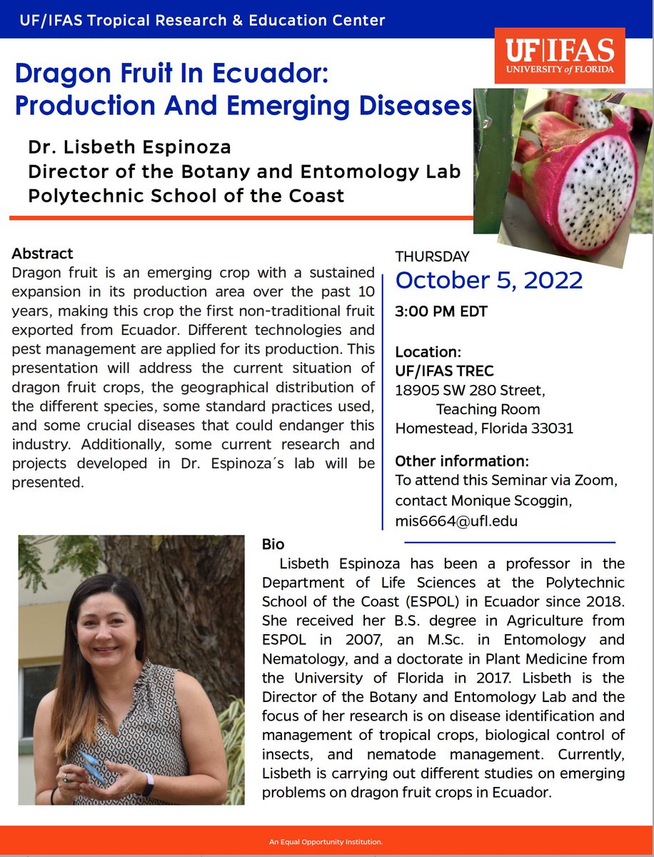 📢 #DragonFruit #Pitaya seminar <a href="/UFTropical/">UF IFAS Tropical Research and Education Center</a>, come and join us or tune in through zoom (please see announcement for details) 🐉🐉🐉 <a href="/fruitnspice/">Fruit and Spice Park</a> <a href="/RareFruit_PB/">Rare Fruit Council-Palm Beach</a> #Ecuador <a href="/espol/">ESPOL</a> <a href="/UFPlantPath/">UF/IFAS Plant Pathology Department</a> <a href="/ufplantdoctors/">UF Doctor of Plant Medicine Program</a> <a href="/lis2208/">Lisbeth Espinoza</a> <a href="/MiamiUrbanHort/">UF IFAS Miami-Dade Urban Hort</a>