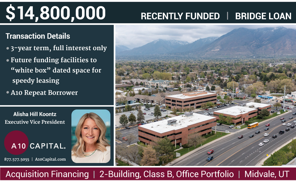 A10Capital's tweet photo. A10 is pleased to announce that Alisha Hill Koontz, Executive Vice President of Originations, closed a $14,800,000 acquisition bridge loan for a 2-building, Class B office portfolio in Midvale, Utah. 

#CREFinance  #office #bridgeloan #A10Capital https://t.co/hFnnPuGgfz