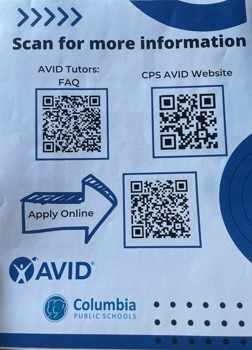 Always looking to hire more AVID Tutors to mentor our middle and high school students. Check out the QR codes below and/or DM me for more information