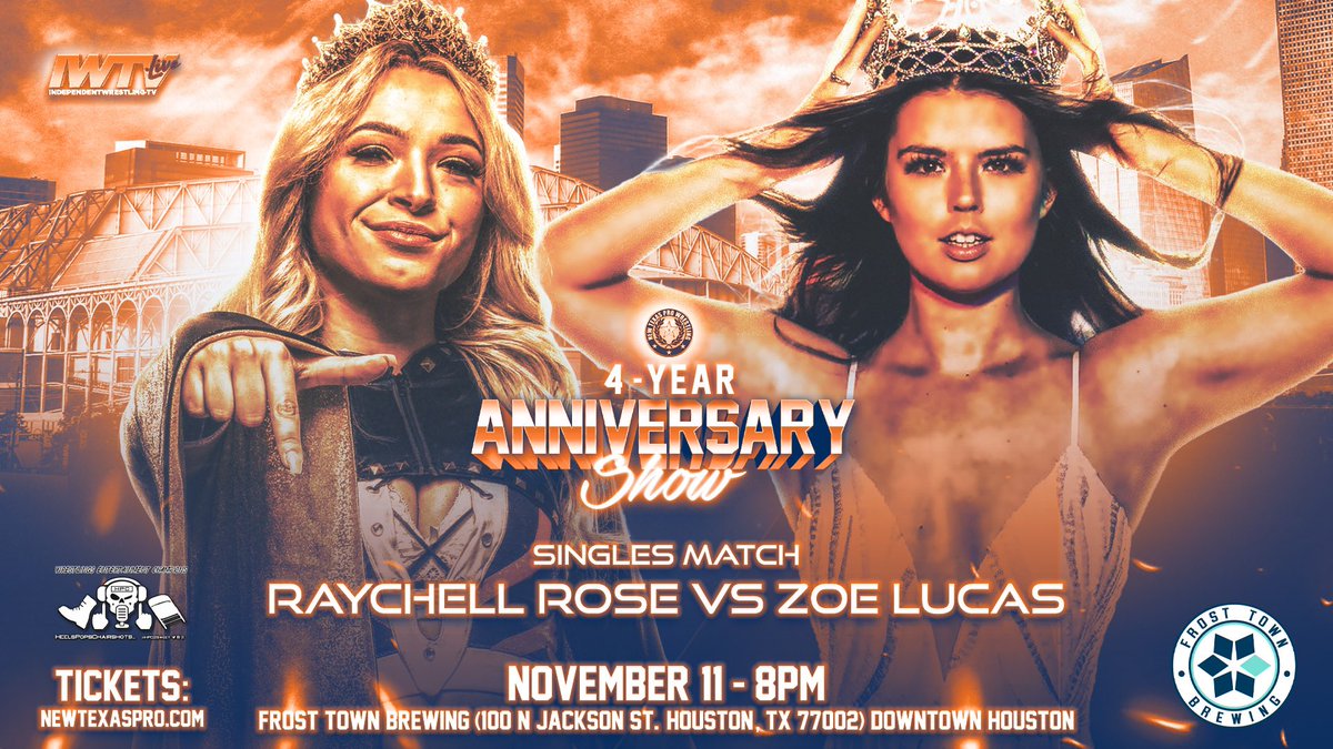 NewTexasPW's tweet photo. 🚨MATCH ANNOUNCEMENT🚨

Singles Match:
@ItsRaychellRose v @ZoeLucasPro 

They join already announced: 
- Hyan vs Kylie Rae
- Chris Bey vs Mysterious Q vs Stephen Wolf 

Less than 12 Tickets Remain!
🎟: https://t.co/HqADaq3b0z https://t.co/RFWtrYl49o