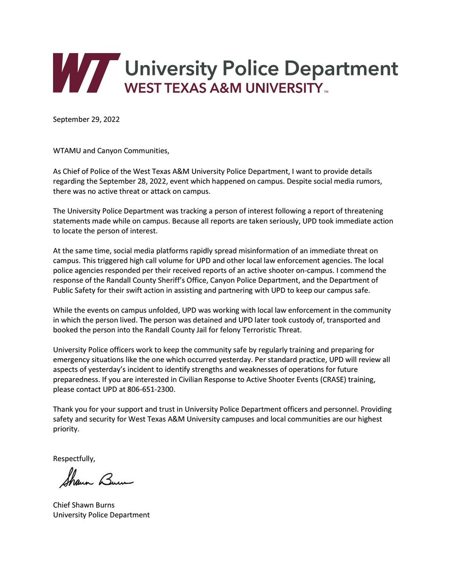 WTAMU_Police's tweet photo. A message from our Chief of Police, Shawn Burns: https://t.co/kULB3aCOfW