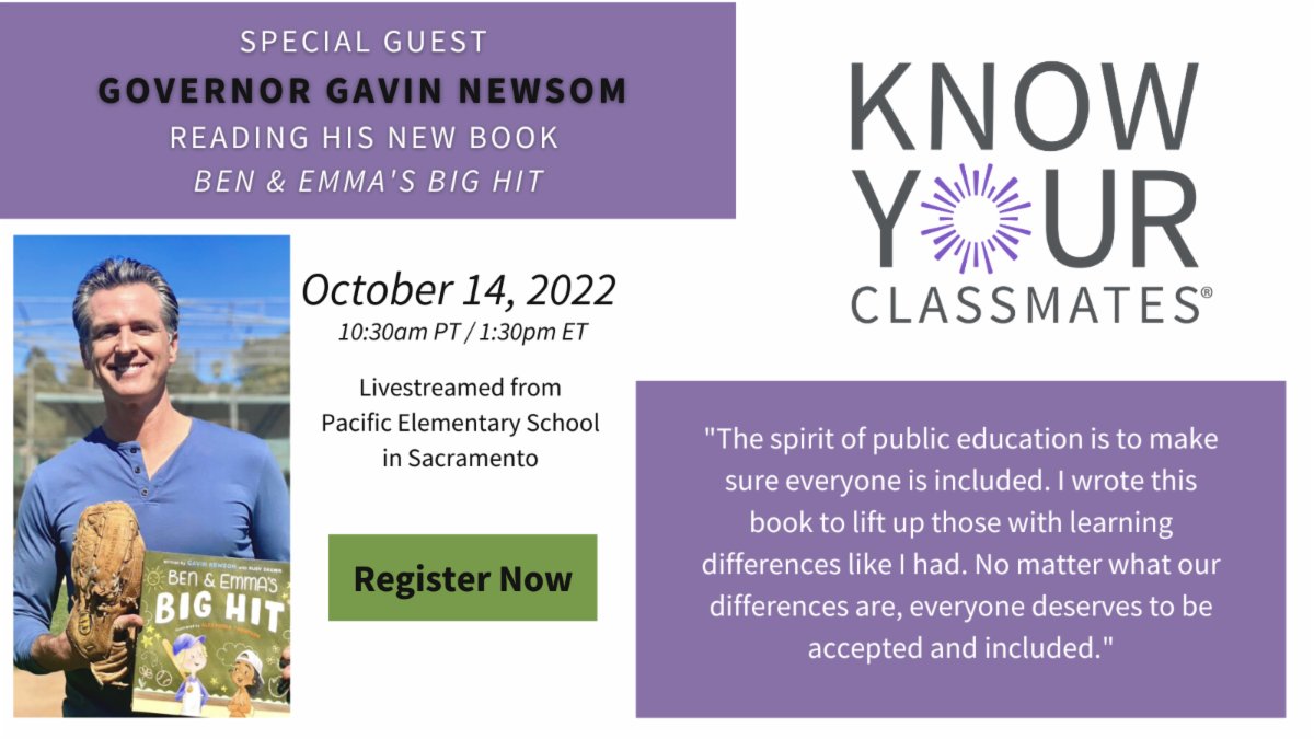 ✨ In honor of October Dyslexia Awareness Month and Know Your Classmates® Day, Governor Newsom of CA will be doing a reading of his new book, inspired by his own well-known challenges with dyslexia. Educators, register here! conta.cc/3SGCXJp📲.