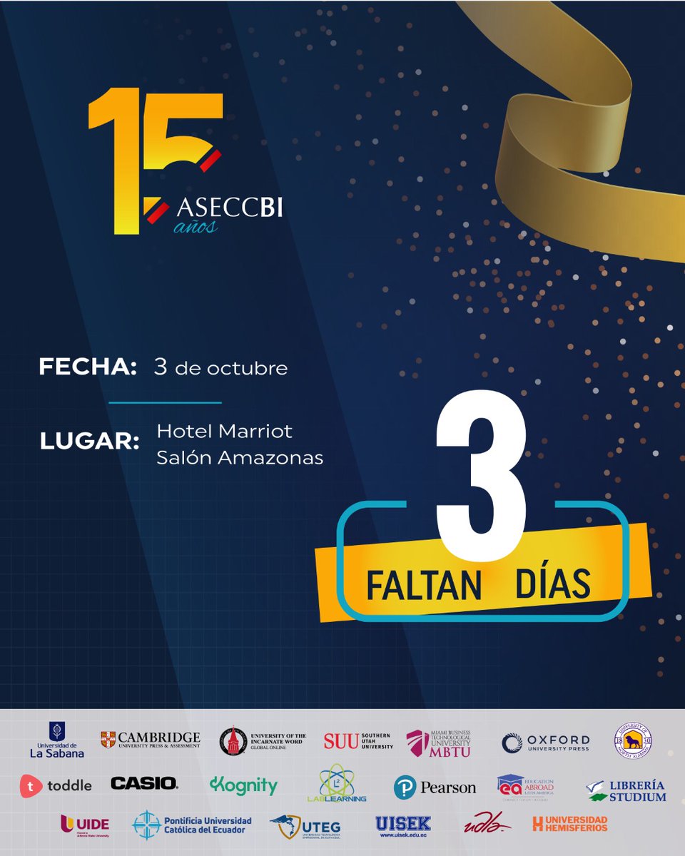 ASECCBI's tweet photo. 🚩Faltan 3 días para el evento más importante de ASECCBI. Celebramos los 15 años de gestión con la filosofía IB en el Ecuador. Contaremos con la presencia de autoridades e instituciones de gran reconocimiento a nivel nacional e internacional. https://t.co/Dq53oFf0RD