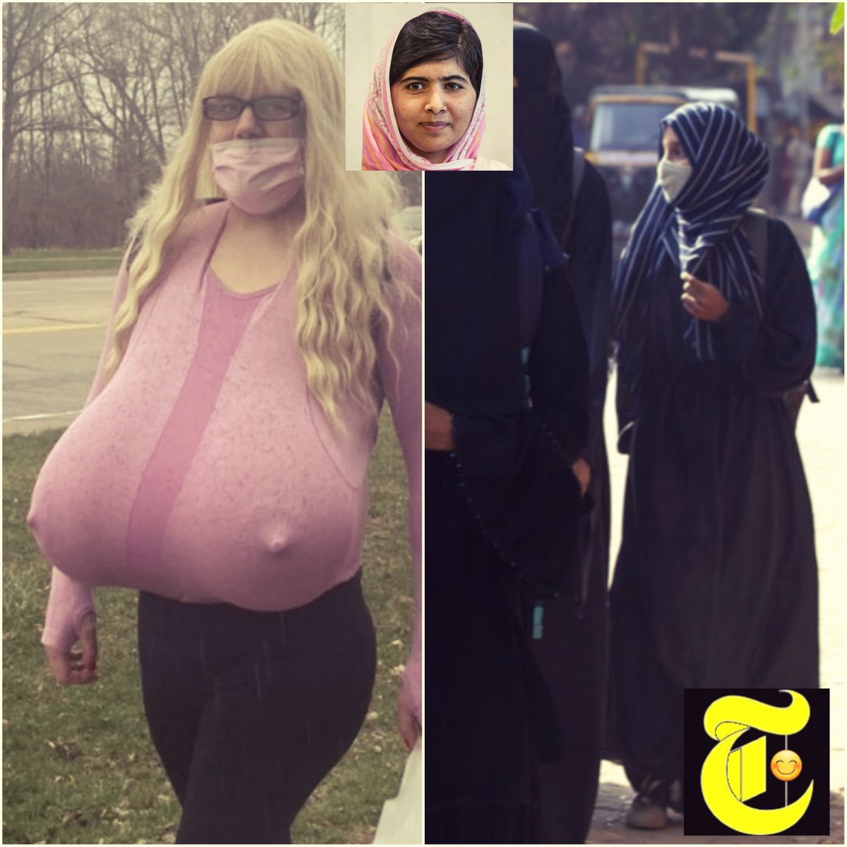 theindianbuzz's tweet photo. Pakistani activist, Ms Malala, now argues for the right of Indian muslim students to wear giant prosthetic breasts to schools.

Inspired by a Canadian trans teacher, Malala equated it with the right of Indian muslim students to wear hijab even to schools that prohibit them. https://t.co/RrY93yQPwH