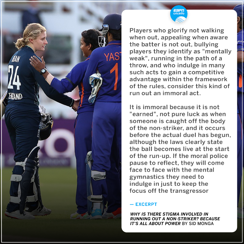 cricinfo's tweet photo. "The financial power in the sport now rests with Asia, more particularly India, but when it comes to controlling narratives, Australia and England are still far superior to other teams"

Sidharth Monga writes about the stigma of running out a non-striker ✍