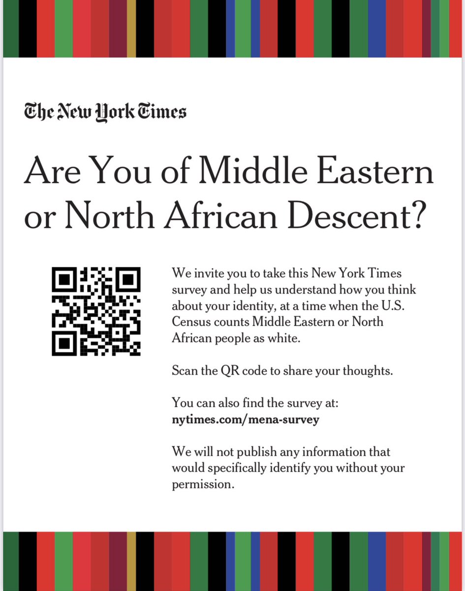 MenaAdvocacy's tweet photo. Please take a moment to fill out this survey: https://t.co/vH6mGeWd49
It is great to see @nytimes & their efforts to amplify the voices of people from the #MENAcommunity & illuminate how we grapple with complicated questions around race, identity and a sense of belonging. https://t.co/D3O9m0Vtzv