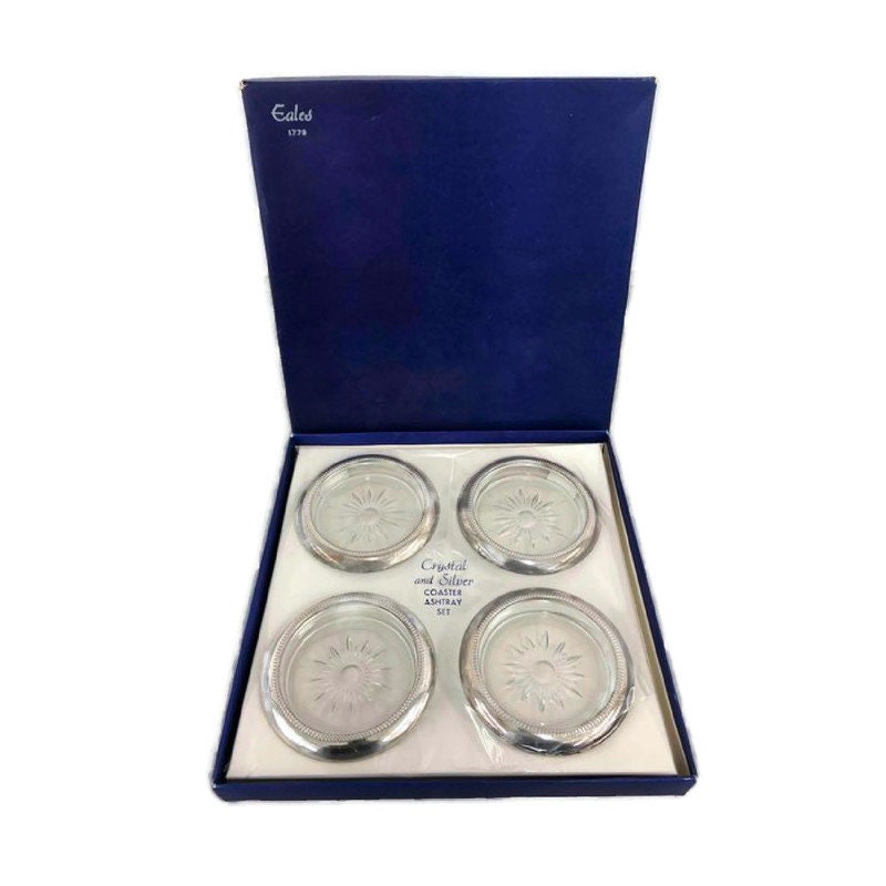 JunkYardBlonde's tweet photo. Mid Century Silver and Crystal Coaster Ashtray, Set of 4,  New Old Stock https://t.co/NScsY4dFbf #JunkYardBlonde #Etsy #AshtraySet https://t.co/UqBmdk37K9