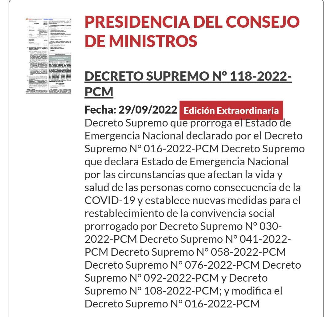 pcmperu's tweet photo. 📃 Se publicó en Normas Legales el Decreto Supremo que prorroga el Estado de Emergencia Nacional por la COVID-19 y establece nuevas medidas para el restablecimiento de la convivencia social.
🔗 https://t.co/BSnKTYEiza https://t.co/72bbHjEo2N