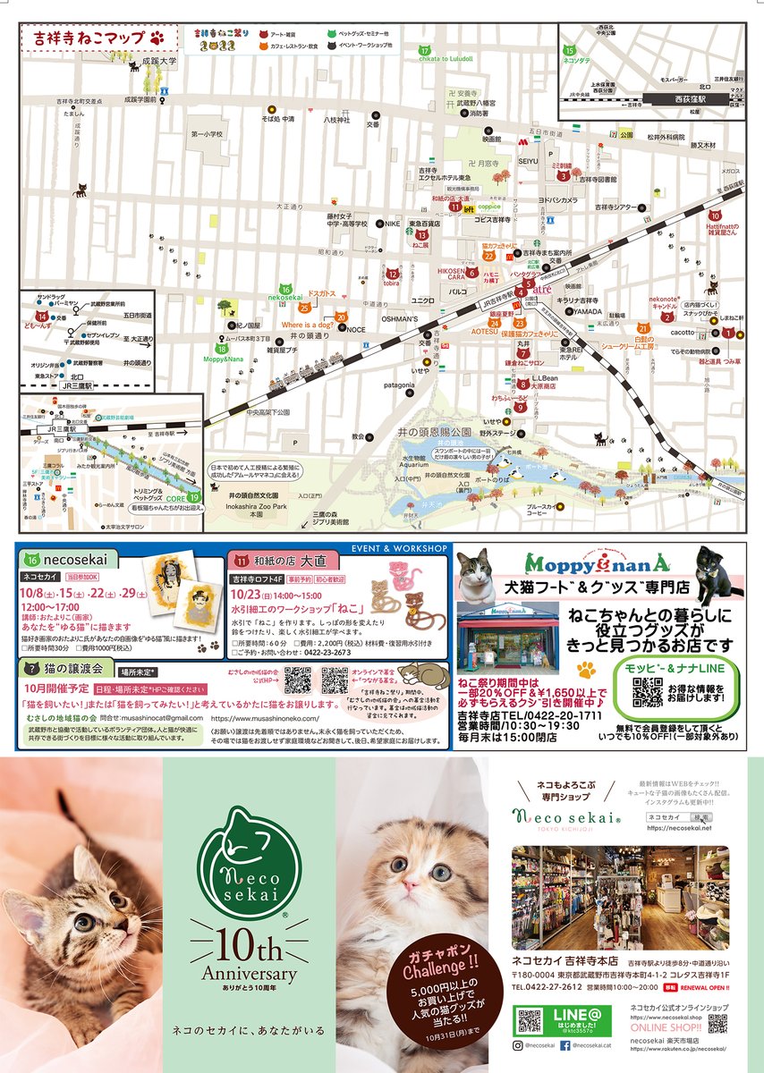 kichi_neco's tweet photo. 今年も10月に吉祥寺ねこ祭りがやってくる！吉祥寺がねこ・猫・ネコに溢れる1ヶ月〜猫カフェ、レストラン、猫雑貨のお店、猫アート、様々な「ねこ」を通じて吉祥寺巡りを楽しんでくださいね！#吉祥寺ねこ祭り #猫好き https://t.co/baIs04dJHl