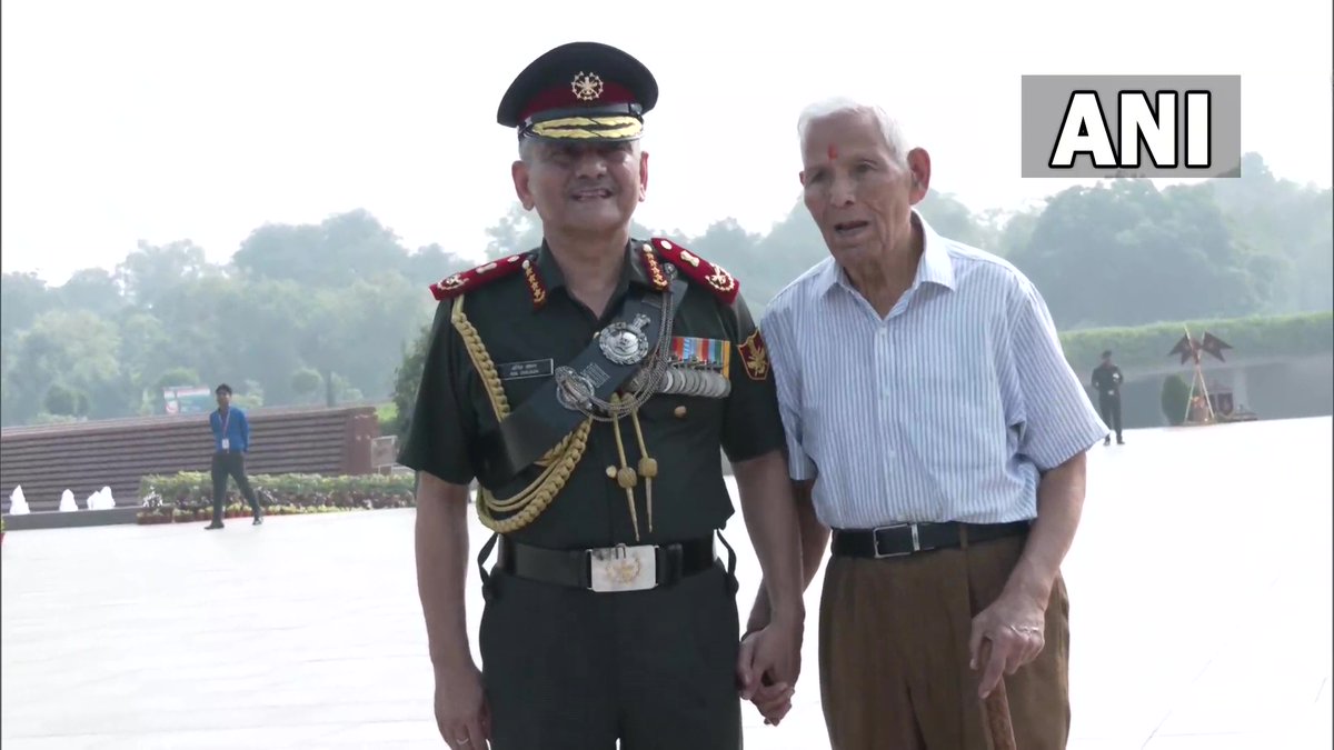 ANI's tweet photo. Delhi | CDS-designate Lt General Anil Chauhan (Retired) with his father Surendra Singh Chauhan at the National War Memorial https://t.co/G7qbXB7tfP