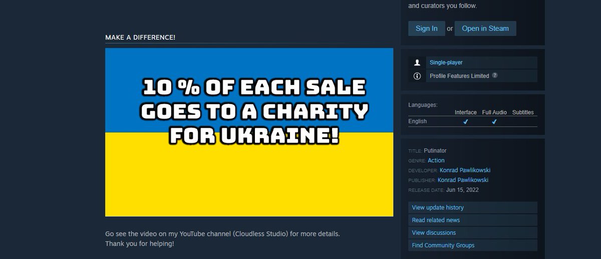 CloudlessStudio's tweet photo. Soo Steam finally paid me for the #putinator and I only received 120$ from the sales, which according to my rule should be a 12$ donation to Ukraine. I donated 50$ and I hope Ukraine wins this war. You can still support me and Ukraine, by buying the game. #fuckputin #SlavaUkraine https://t.co/x643ywHFsI