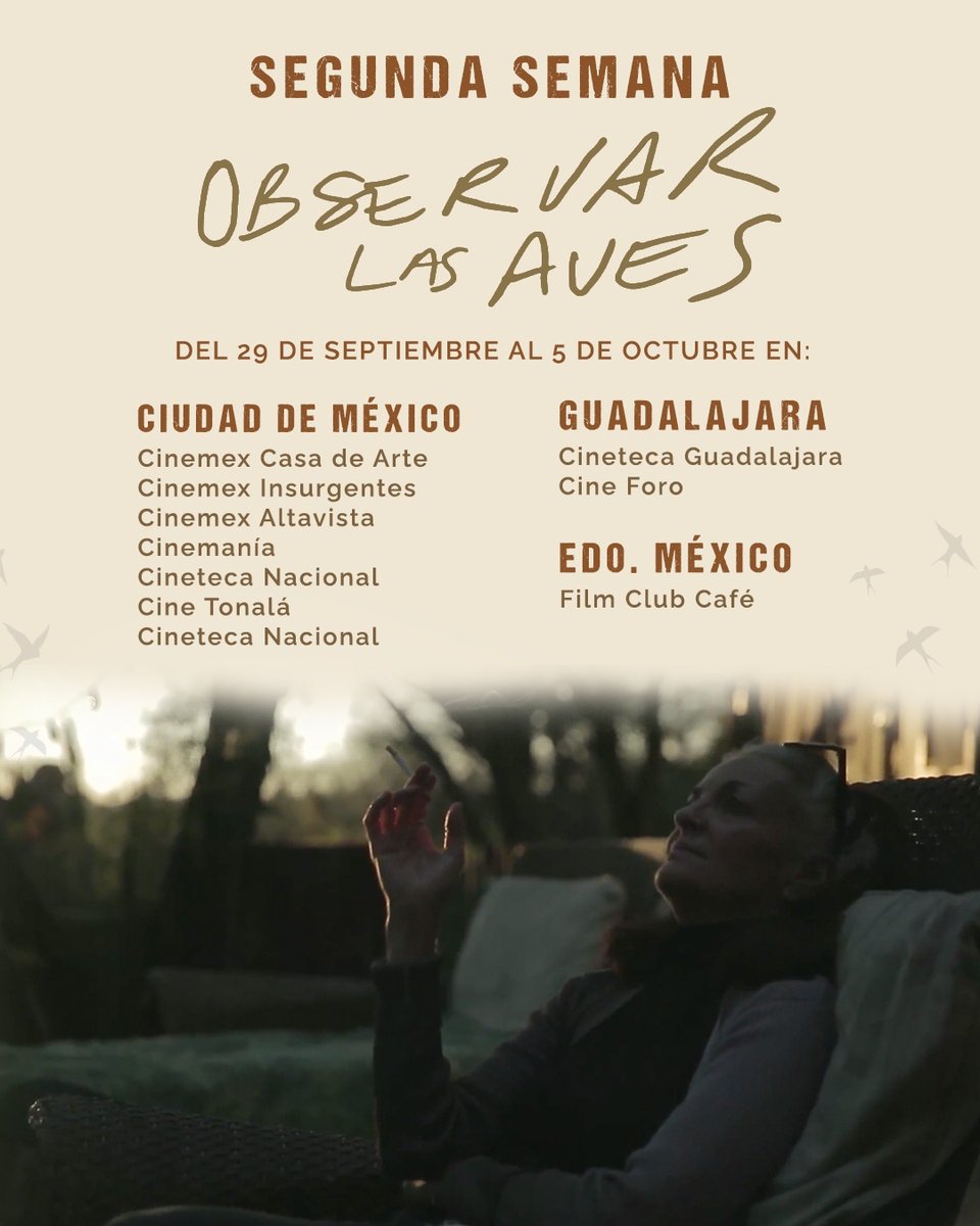 ¡Segunda semana en cartelera! 🤎

Disfruta #ObservarLasAves solo en cines.