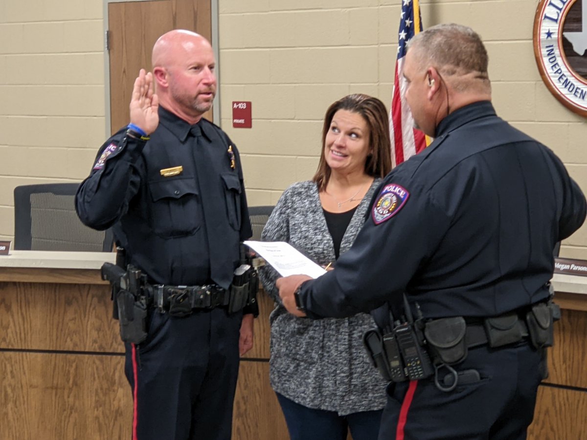 Congratulations to Liberty Hill ISD police officer Jason Wolf, who was promoted to the rank of sergeant tonight by ISD Chief Sharif Mazayek during a ceremony at ISD headquarters.