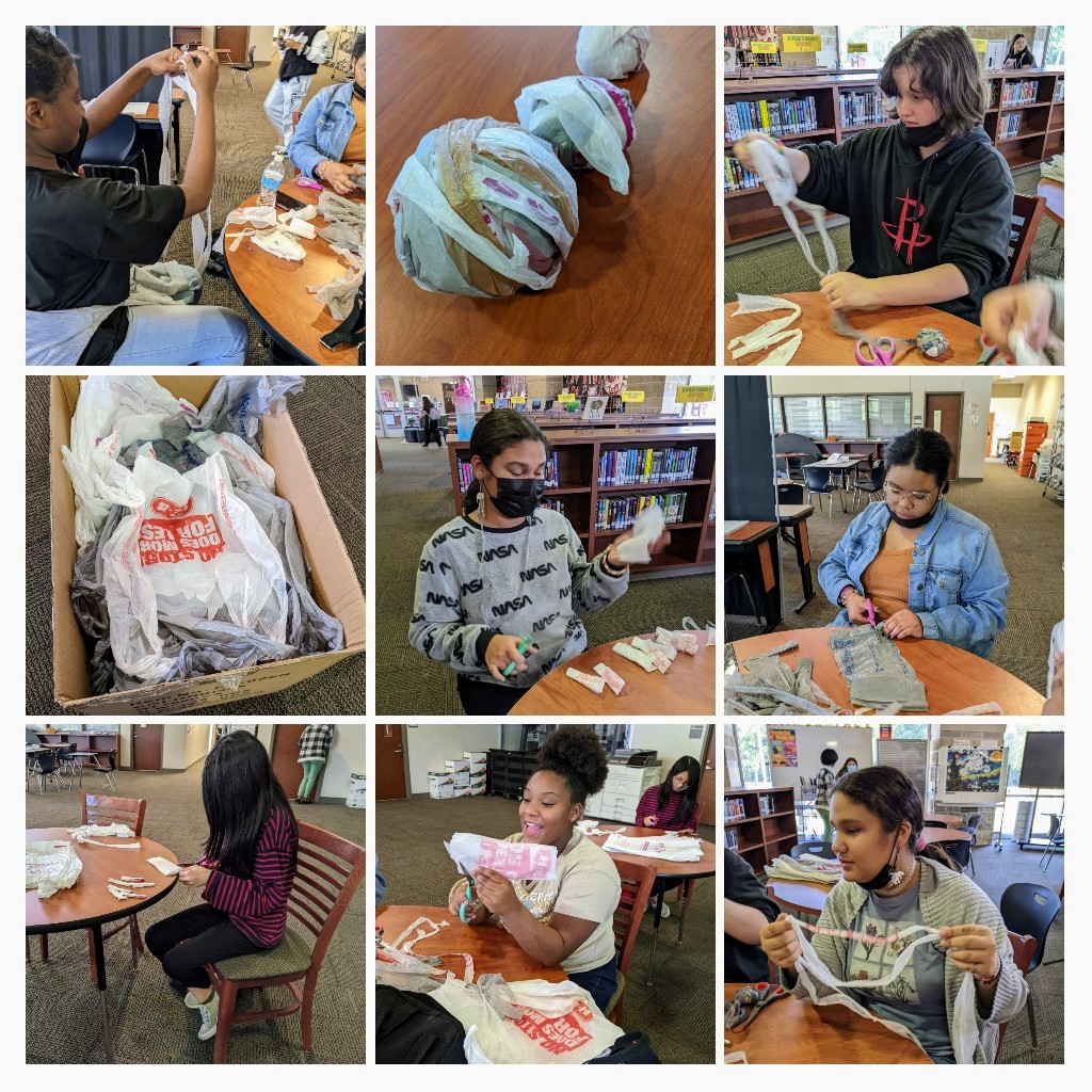 BookStackBlack's tweet photo. #ActionBookClub read @ChelseaClinton's #ItsYourWorld & discussed how we can make an impact in our community. Step 1 - making plarn! Stay tuned to see what we're going to do with it! #Recycling #FiberArtists @SuperStallions @EducatorGoals @BeckyZalesnik @LtlFreeLibrary https://t.co/IfNEmKL9uK
