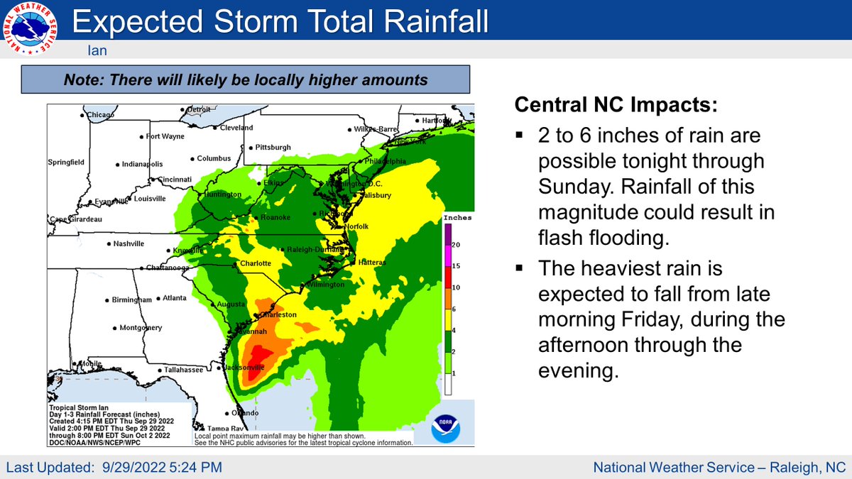 NWSRaleigh's tweet photo. Hurricane Ian will bring a variety of hazards to central NC tomorrow and tomorrow night, including heavy rain (2-6 inches) and flash flooding, winds gusting to tropical storm force (40-50 mph) and a threat of isolated tornadoes in the east. More info here: https://t.co/VObXRc1lUN https://t.co/H8CmOSa6tP