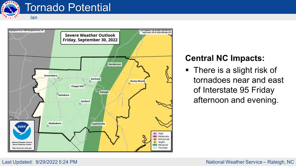 NWSRaleigh's tweet photo. Hurricane Ian will bring a variety of hazards to central NC tomorrow and tomorrow night, including heavy rain (2-6 inches) and flash flooding, winds gusting to tropical storm force (40-50 mph) and a threat of isolated tornadoes in the east. More info here: https://t.co/VObXRc1lUN https://t.co/H8CmOSa6tP
