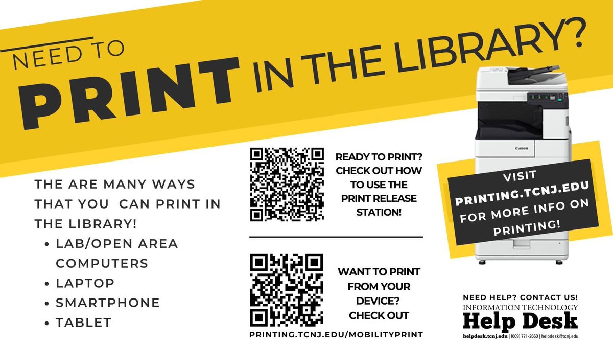 TcnjItconnect's tweet photo. Hey TCNJ Lions,
Need  to print in the Library and need assistance?

Visit https://t.co/n1xulXuOQZ or scan one of the QR codes in this graphic for additional information.  The TCNJ Help Desk is always glad to help.  
#tcnjitconnect #tcnj #tcnjresed #tcnjlions #tcnjit #tcnjprint https://t.co/u5aDHYVGdd