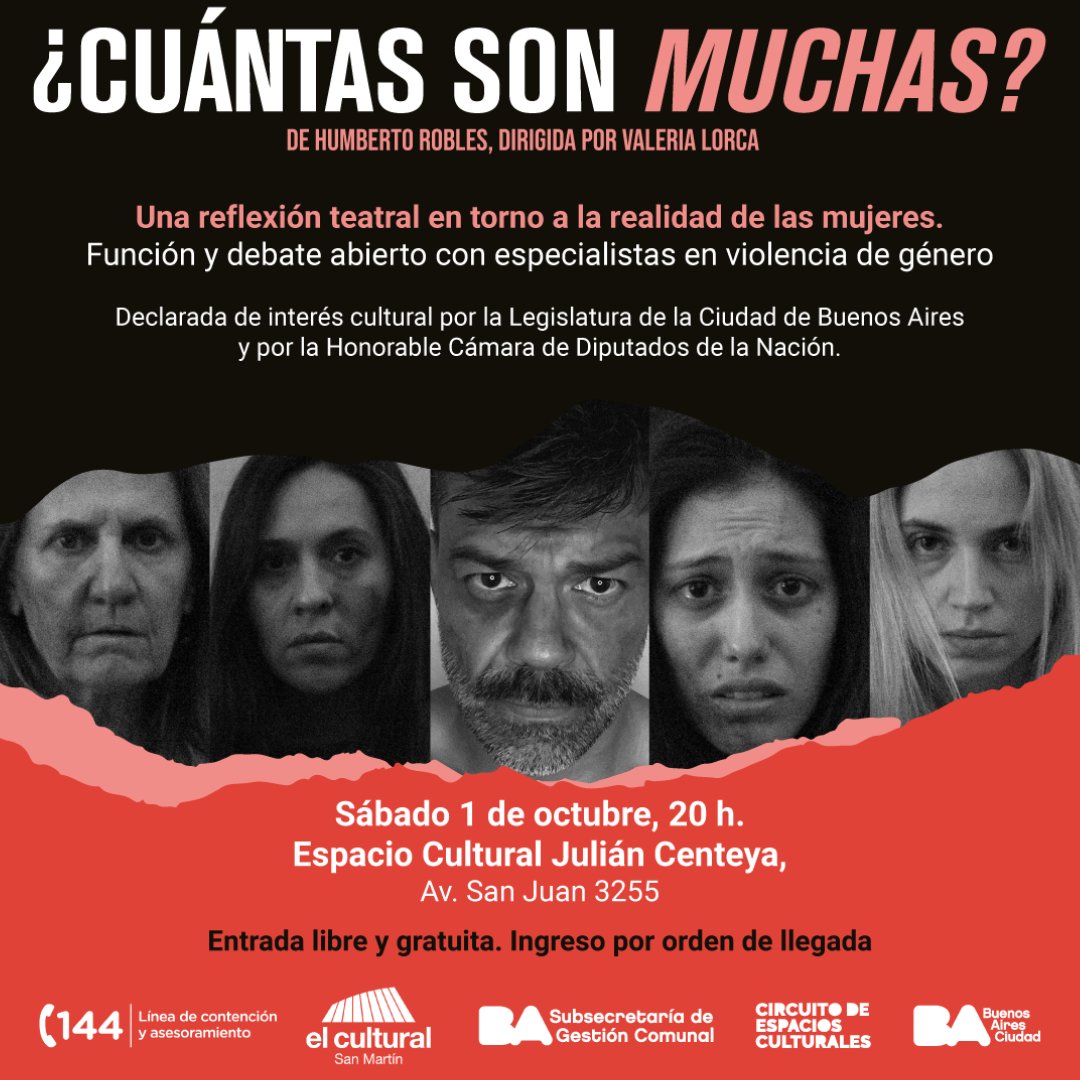 Te invitamos a la obra ¿CUÁNTAS SON MUCHAS?🎭
✋Reflexión teatral y debate abierto con especialistas en violencia de género. 👉 Entrada libre y gratuita Ingreso por orden de llegada
📅 1/10 📍Espacio Cultural Julián Centeya, Av San Juan 3255 ⏰20hs

#Comuna3 #Comuna5 <a href="/ECJCenteya/">Julián Centeya</a>