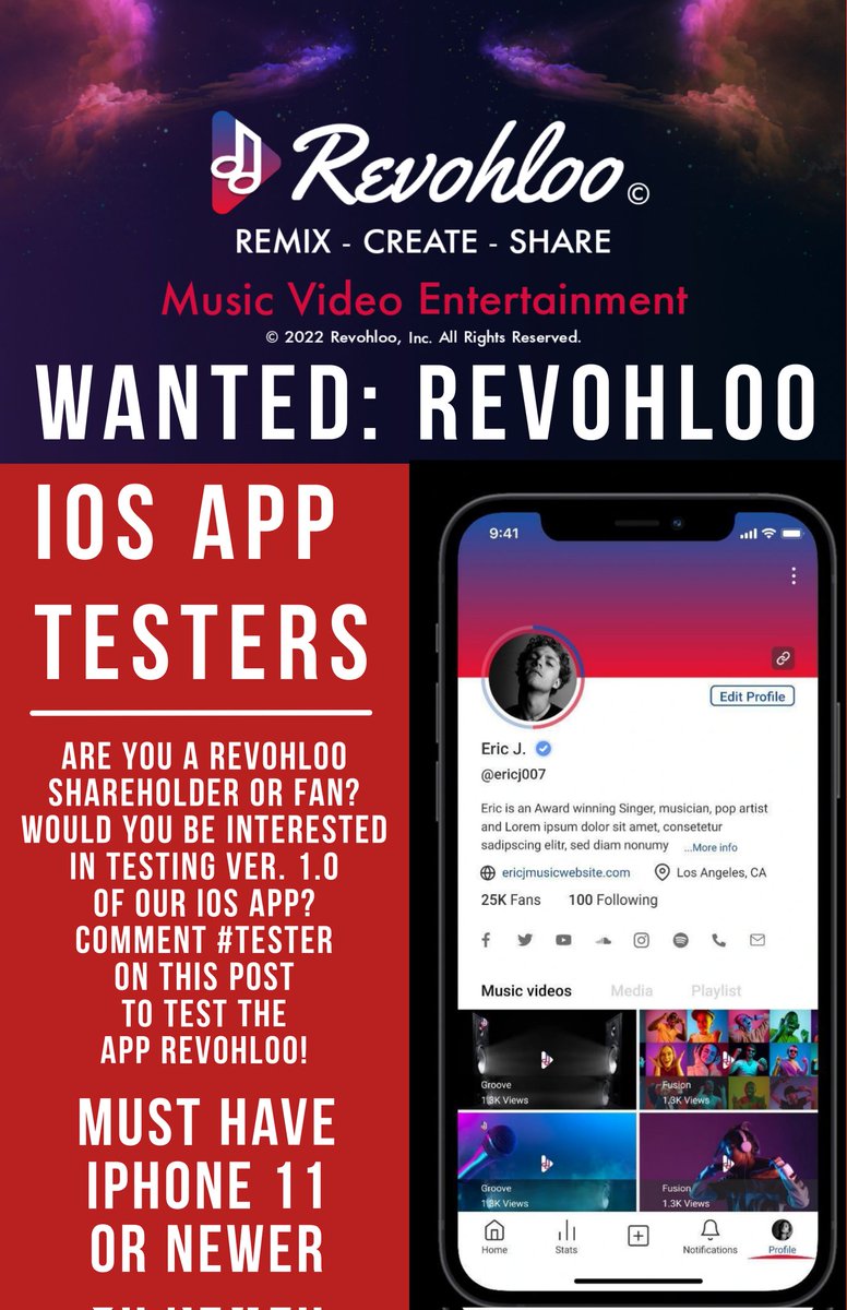 Are you a Revohloo Shareholder or Fan? Would you be interested in testing Ver. 1.0 of our iOS App? Comment #Tester on this post and be one of the first in the world to TEST The App Revohloo! #music #video #entertainment #rap #hiphop #rock #rnb #alternative #recording #artist