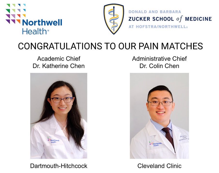 NorthwellPMR's tweet photo. Congrats to our chiefs who both matched pain! Administrative chief Dr. Colin Chen matched at Cleveland Clinic in Ohio. Academic chief Dr. Katherine Chen matched at Dartmouth-Hitchcock in New Hampshire. #painmatch #painmanagement #painmedicinephysicians #physiatry #pmr https://t.co/txrX4DXCma