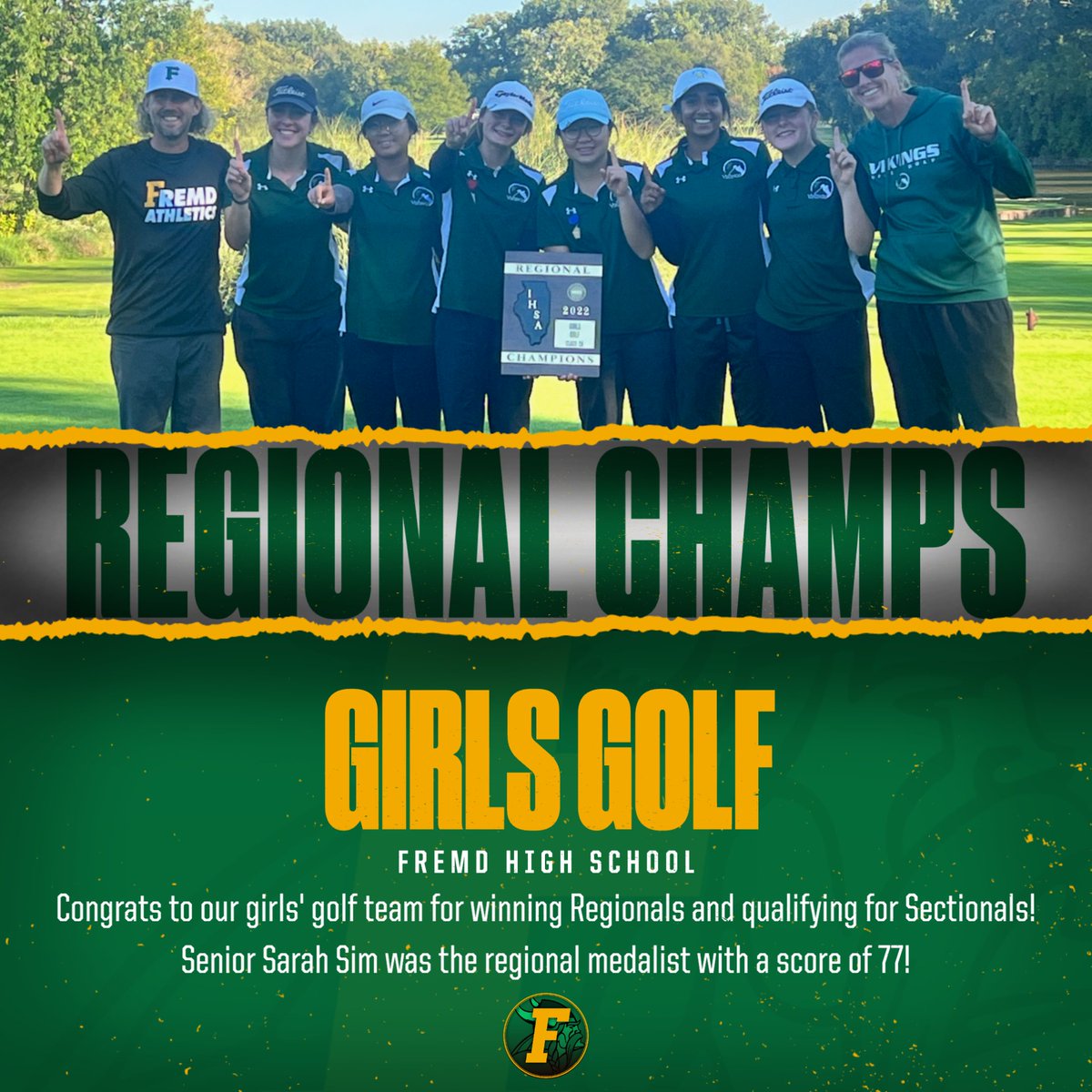 FremdAthletics's tweet photo. 🚨Viking Championship Alert🚨 Congrats to our girls' golf team for their Regional Championship and qualifying for Sectionals!!! Sarah Sim won the top score with a 3-hole playoff against fellow Viking Keira Brazeau! Congrats to all of the girls and to Coaches Malinowski &amp; Vlaming! https://t.co/qQiyynmZIf
