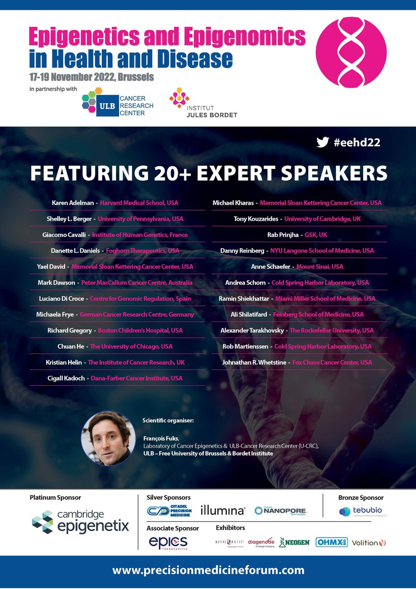 #Epigenetics &amp; #Epigenomics in Health and Disease #eehd22
<a href="/FuksLab/">Fuks_Lab</a> organizer &amp; 20+ speakers-
<a href="/berger_lab/">Berger Lab</a> <a href="/AdelmanLab/">AdelmanLab</a> @giacomo_cavalli @David_Lab_MSK <a href="/ReinbergDanny/">Danny Reinberg</a> <a href="/ludicroce/">Luciano Di Croce</a> <a href="/CKadoch/">Cigall Kadoch</a> <a href="/WhetstineLab/">Whetstine Lab</a> <a href="/TKLABUK/">Tony Kouzarides Lab</a> <a href="/helin_kristian/">Kristian Helin</a> <a href="/MAF_Dawson/">Mark Dawson</a> <a href="/1RabP/">RabP</a>