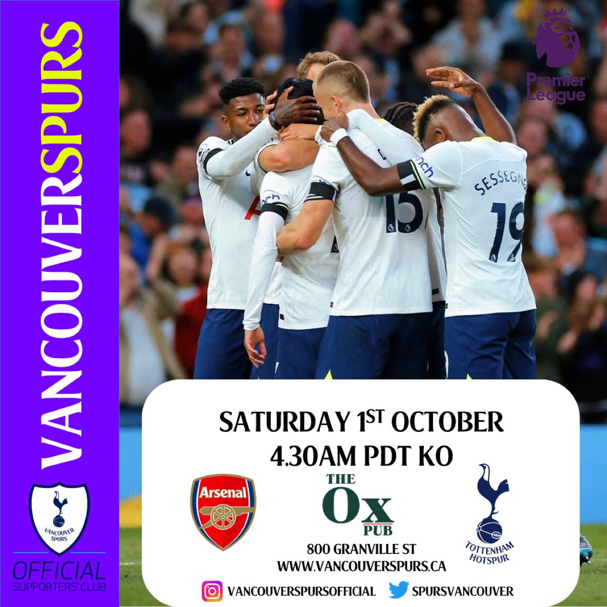 SpursVancouver's tweet photo. UPCOMING MATCHDAY🚨

Arsenal 🆚 Tottenham Hotspurs
⚽️ Sat 1st October LIVE 4.30AM PDT KO
📍The Ox Pub 800 Granville Street
🏆Premier League

The Kitchen will be closed so feel free to bring your own drinks and snacks! COYS lets go get those Gooners!💪 https://t.co/Lug2NVgU8C