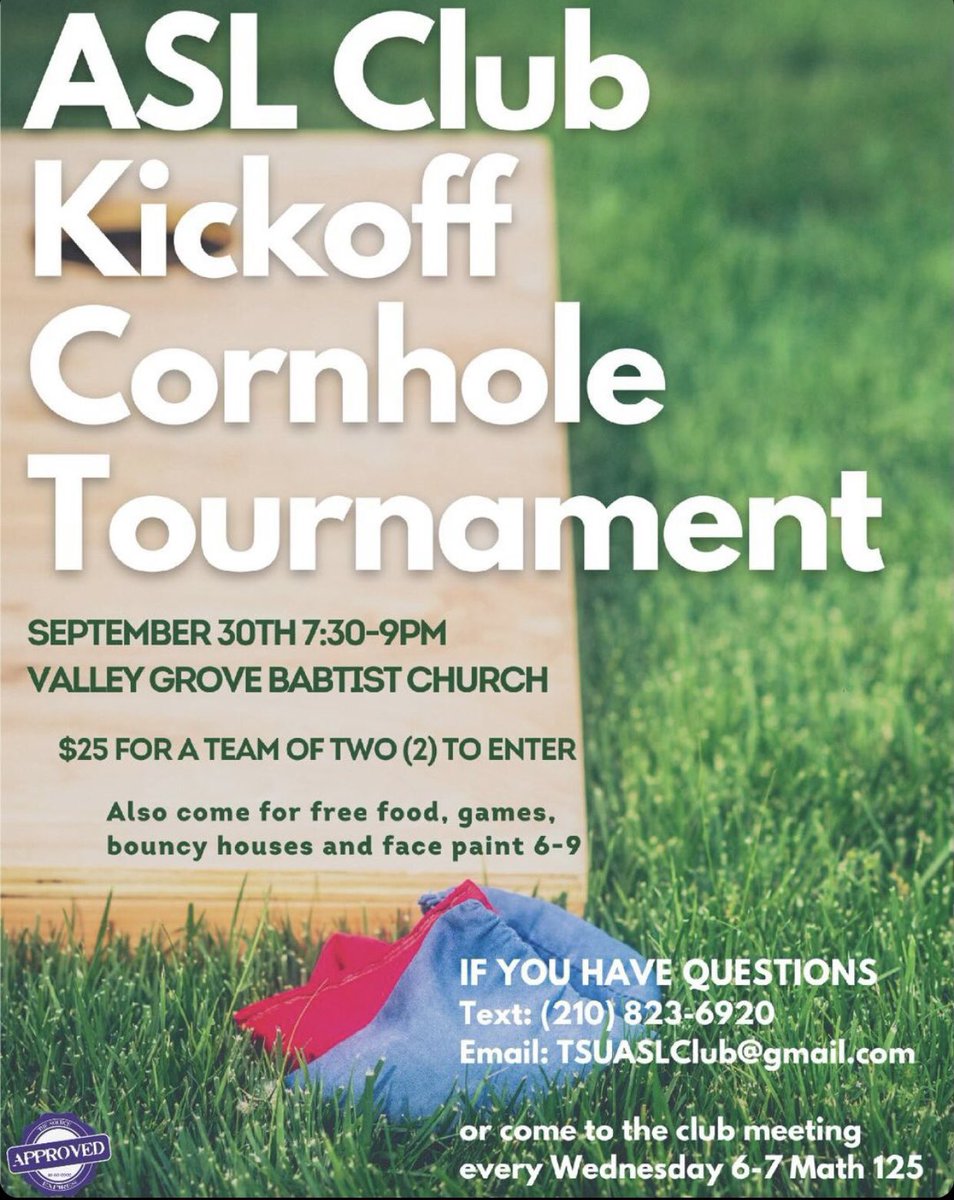 Our friends at the Tarleton ASL Club are having their kickoff Friday night September 30!  Looks like a fun time and we are excited to collaborate with them in the future.  <a href="/TarletonState/">Tarleton State University</a> <a href="/TSU_TATSA/">Tarleton Athletic Trainers Student Association</a>