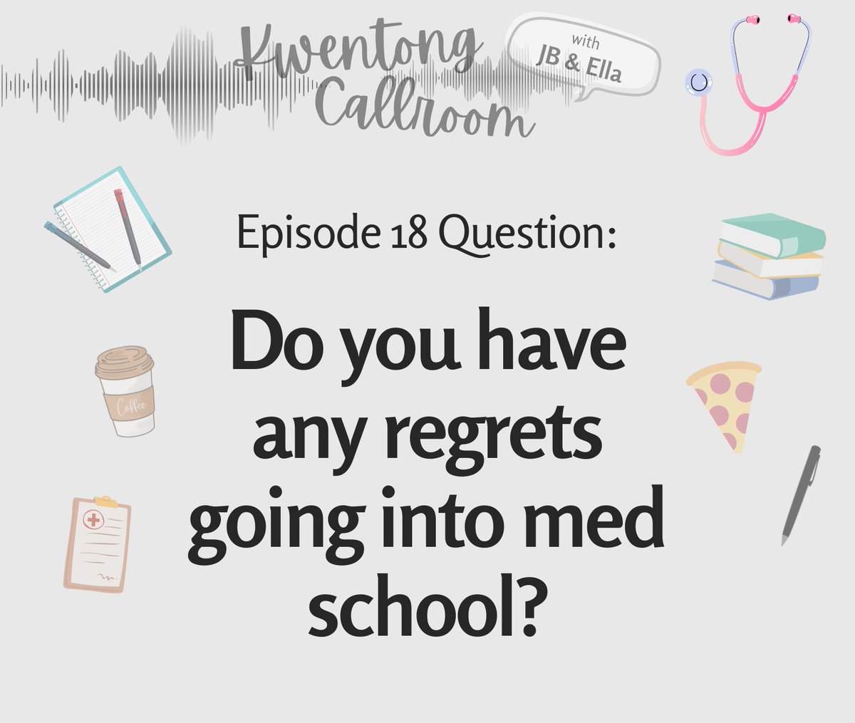 callroompodcast's tweet photo. Tonight's episode question is:

"Do you have any regrets going into med school?"

Whether you took the usual pre-med college degree or traversed the faster route of an accelerated program, medyo mahugot ang tanungan tonight. 😅 

Quote RT or reply away! #KwentongCallroomPodcast https://t.co/943xC76VIi