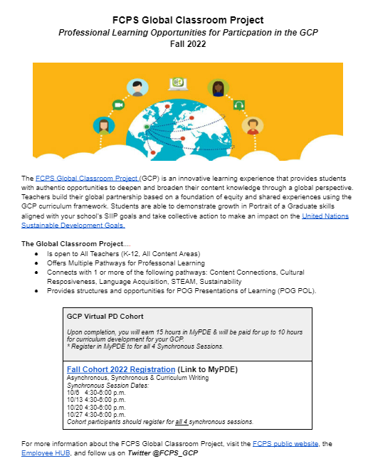 The countdown is on until day 1 of our GCP Cohort. All FCPS teachers K-12 are invited to attend. Provide your students with opportunities to deepen their content knowledge, create ideas to impact SDGs & develop POG skills. More info can be found @: docs.google.com/document/d/1aG…