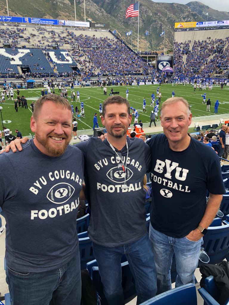 stanbensfield's tweet photo. My first ever game with my friends Dan and Greg (Peterson) - who played for the Cougs in the early 1980s before turning pro - a #BYU legend #BYUFootball #GoCougs https://t.co/EIPv9JyytU